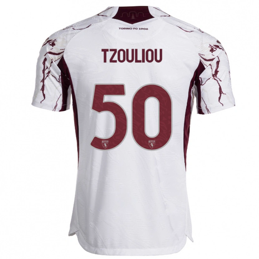Danxen Kinder Dimitrianos Tzouliou #50 Weiß Burgunderrot Auswärtstrikot Trikot 2025/26 T-Shirt