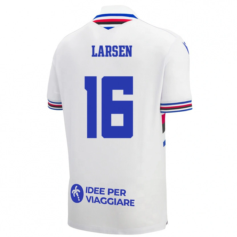 Danxen Kinder Kathrine Østergaard Larsen #16 Weiß Blau Rot Auswärtstrikot Trikot 2025/26 T-Shirt