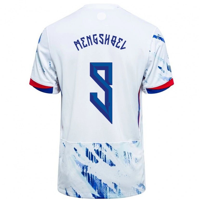 Danxen Damen Norwegen Olav Dobloug Mengshoel #9 Weiß Blau Auswärtstrikot Trikot 24-26 T-Shirt